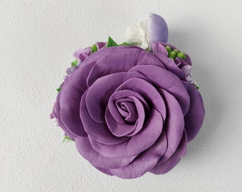 Purple roses hair clip with lilac mushroom for short hair, flowers headpiece with green leaves for garden party, big blossom accessory