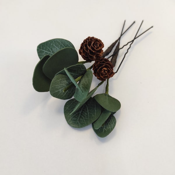 Eucalyptus hair pins pine cones set of 2 for bridal up do, greenery hair fork for bride, dark green leaf floral hair sticks for wedding updo
