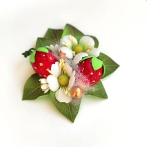 Strawberry Hair Clip: Red Berry Barrette with White Flowers