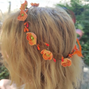 Floral Hair Vine, Orange Flower Crown for Weddings