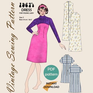 Puede incluir: Un patrón de costura vintage para un vestido de los años 1967 para una joven. El patrón incluye instrucciones para un vestido con cuello alto y una falda que llega a la rodilla. El patrón está disponible en talla S, con una medida de busto de 91 cm.