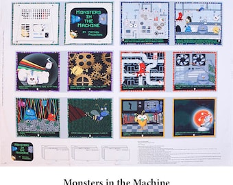 May include: A book panel for the children's book "Monsters in the Machine" by Matthew Pridemore. The panel features colorful illustrations of monsters and a machine.