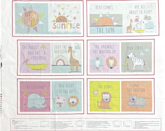 May include: A set of 8 colourful fabric panels with illustrations of animals and text. The panels feature a parrot and crocodile, a giraffe, a zebra, an elephant, a lion, a cheetah, and a sunrise. The text on the panels includes "Let your soul shine", "Safari sunrise", "Here comes the sun", "Are all about to play", "The parrot and the crocodile", "Over the horizon", "The animals are waking up", "And zebra", "The elephant", "And ready for the day", "The lion", "And the cheetah".
