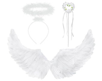 White Angel Wings and Halo with Fairy Wand - 3 Piece White Angel Costume Fairy Wings Halloween Fallen Angel Costume (White)