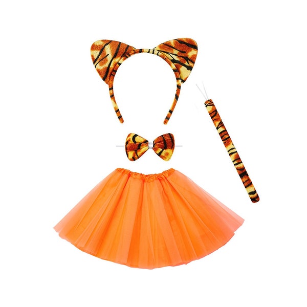 Children's 4pc Tiger Costume - Striped Ears, Bow Tie And Tail With Orange Tutu Skirt, World Book Day, Halloween, Animal Fancy Dress