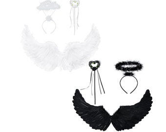 Black Or White Angel Wings and Halo with Fairy Wand - 3 Piece Black or White - Angel Costume Fairy Wings (Black or White)