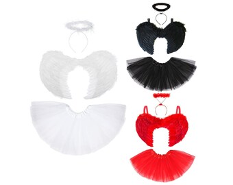 Gevallen engel kostuum - engelenvleugels, pluizige halo en zijden rok - verkrijgbaar in 3 kleuren, rood, zwart en wit - verkleedkostuumset