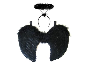 Black Angel Wings & Fluffy Halo - Feathered Fairy Wings - Halloween, Fancy Dress, Gothic Bride Costume - Suitable for Children and Adults