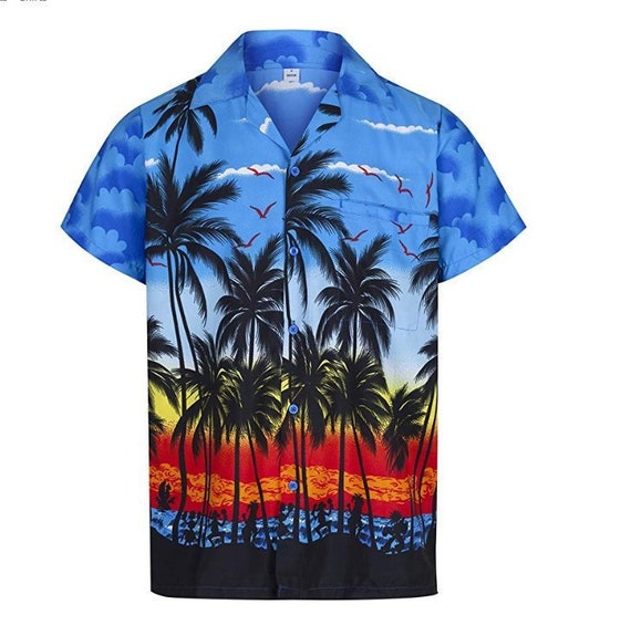 Camisa hawaiana azul para hombres / Efecto palmera / Genial - México