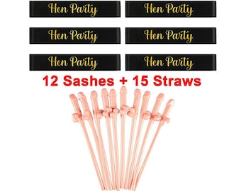 12 x Hen Party Sashes, Black Sashes, 15 x Willy Straws, Engagement Party Favours, Hen Do Props, Bridal Accessories, Bachelorette Party