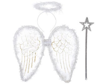 Glitter Wings & Silver Wand - White Fairy Wings Christmas Wings Children's Fairy Costume Xmas Nativity Wings and Wand Girls Fairy Wings