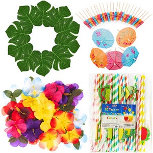 Hawaiian Party Supplies - 114pc - Flowers, Leaves, Mini Umbrella Sticks, Paper Fruit Straws, Tiki Decorations , Hawaiian Accessories