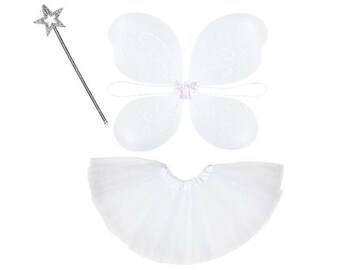 Children's 4pc Fairy Costume - White Wings, Halo, Star Wand & Tutu Skirt - Angel Christmas Nativity - Children's Quality Fancy Dress Costume