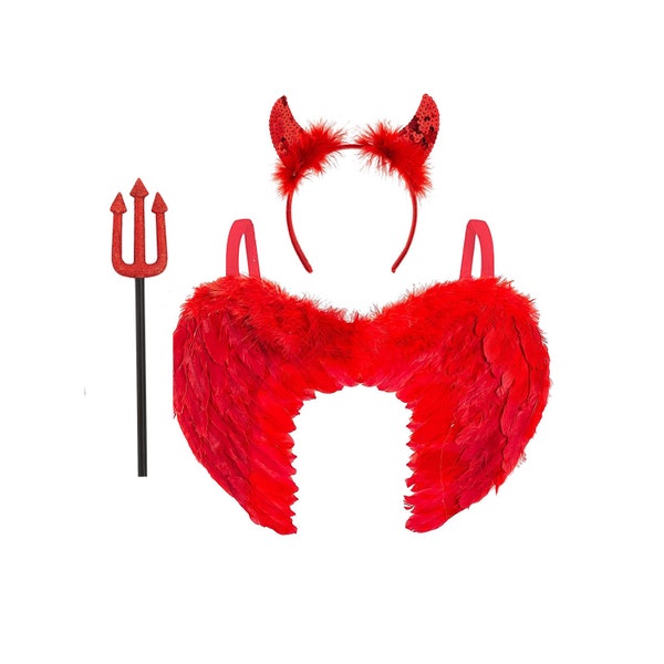 3pc Devil Costume - Red Wings, Sequin Devil Horns & Pitchfork, Halloween Carnival Fancy Dress Costume Set, Suitable for Teens and Adults