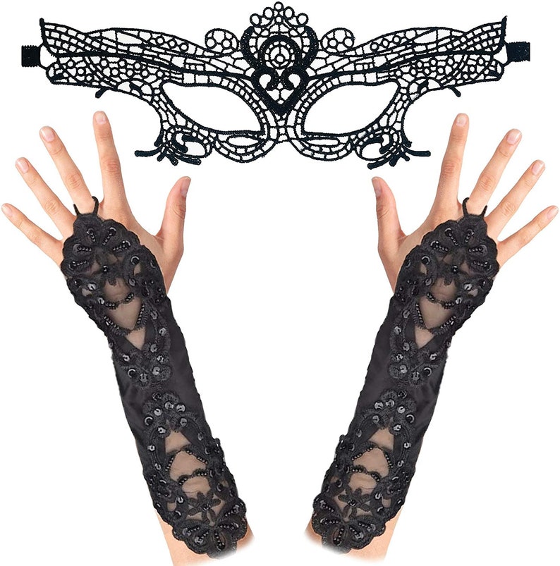 Venezianische Maske und Handschuhe für Damen, Halloween & Maskerade Kostüm, Gothic Kostüm Perlen und Spitzen Zubehör, Corpse Bride Cosplay Bild 2