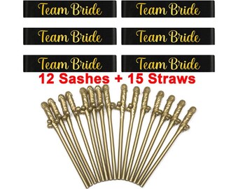 Team Bride Sash Pack, 12 Black Gold Sash, 15 Gold Willy Straws, Hen Party Accessories, Bride to Be Bachelorette Decorations, Wedding Favour