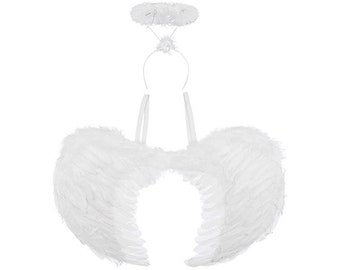 Luxury White Angel Wings | Suitable For Both Children And Adults | Feather Wings & Fluffy Halo | Halloween or Christmas Fancy Dress Set