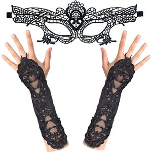 Venezianische Maske und Handschuhe für Damen, Halloween & Maskerade Kostüm, Gothic Kostüm Perlen und Spitzen Zubehör, Corpse Bride Cosplay Bild 1