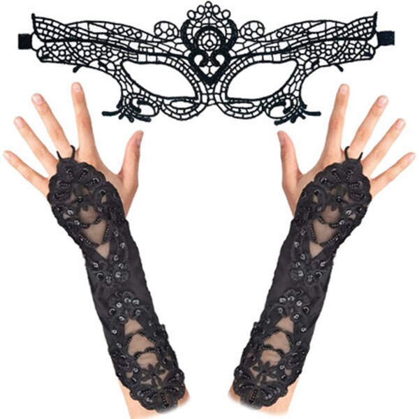 Venezianische Maske und Handschuhe für Damen, Halloween & Maskerade Kostüm, Gothic Kostüm Perlen und Spitzen Zubehör, Corpse Bride Cosplay