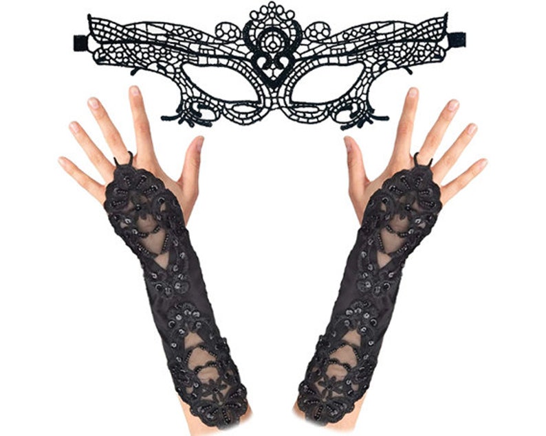 Venezianische Maske und Handschuhe für Damen, Halloween & Maskerade Kostüm, Gothic Kostüm Perlen und Spitzen Zubehör, Corpse Bride Cosplay Bild 1