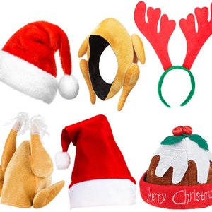Christmas Novelty Hats, Reindeer Antlers, Pudding Hat, Turkey Hat, Fun Xmas Headwear, Christmas Office Family Parties or Secret Santa Gifts