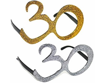 Age 30 Birthday Glasses, Choose from Silver or Gold, Birthday Accessories, Novelty Glitter Glasses, Birthday Party, Photo-booth Props