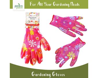 1 Pair of Ladies Gardening Gloves, Pink with a Flowery Pattern, Gardening Protection, Light Duty, One Size, Gardening & DIY, Fun Design