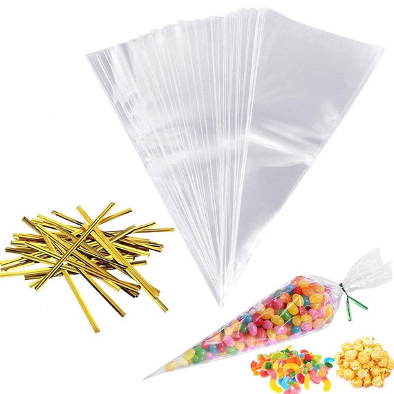 Party Bags With 4/" Gold Twist Ties 2018 CLEAR Plain Cone Cellophane Sweet