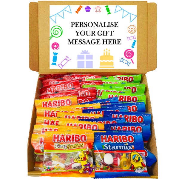 Haribo Hamper Personalisierte süße Geschenkbox - 40 Haribo Mini-Taschen, die Sweet Box ein Geburtstags-Leckerli-Geschenkkorb teilen - Haribo-Süßigkeiten für Kinder oder Erwachsene