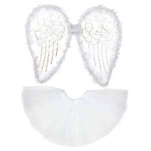 Children's 3pc Fairy Costume, White and Gold Glitter Wings, Halo & White Silk Tutu, Angel or Xmas Nativity Costume, Children's Fancy Dress