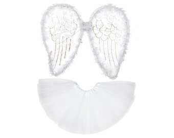 Children's 3pc Fairy Costume, White and Gold Glitter Wings, Halo & White Silk Tutu, Angel or Xmas Nativity Costume, Children's Fancy Dress