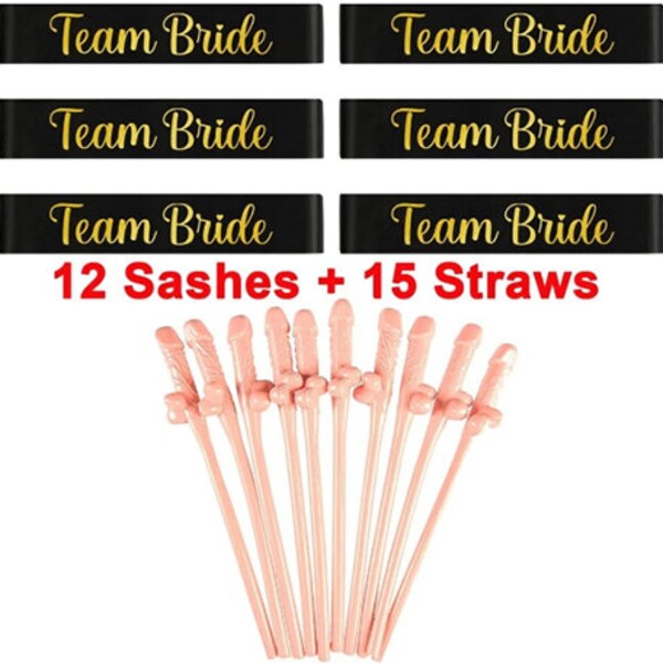 12 Black Team Bride Sash, 15 Willy Straws, Bachelorette Party Favours, Bride Squad or Team Bride Accessories, Hen Do Props, Bridal Shower,