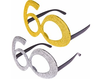 Age 60 Birthday Glasses, Choose Silver or Gold, Novelty Birthday Accessories, Glitter Glasses, 60th Birthday Celebrations, Photo-booth Props