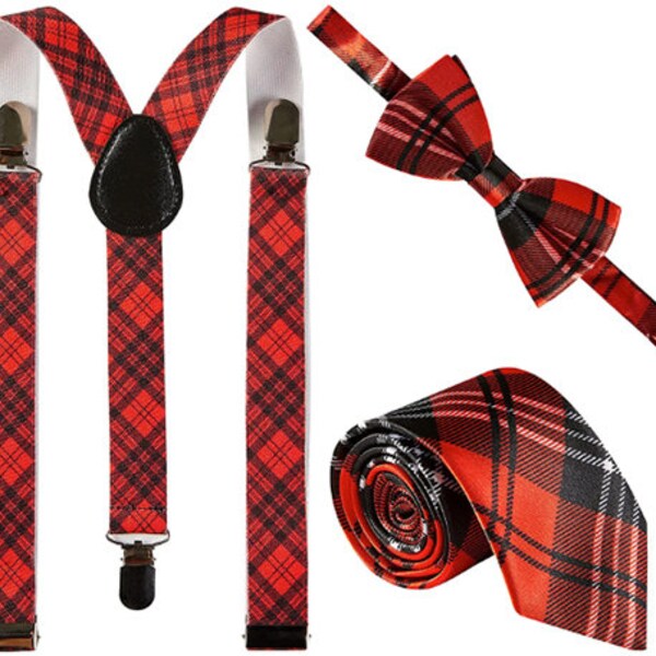 Ensemble 3 pièces tartan | Noeud papillon et tour de cou porte-jarretelles | Motif tartan écossais rouge et noir | Nuit brûlante | Accessoires adultes Hommes + femmes