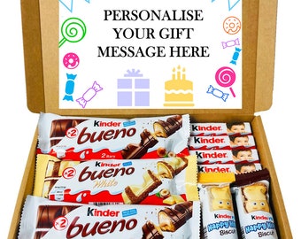 Kinder Bueno Geschenk-Box - 9 x Kinder Bueno Schokoladen Hamper mit personalisierter Geschenknachricht - Letterbox Kinder Box mit Nilpferd und weißem Kinder