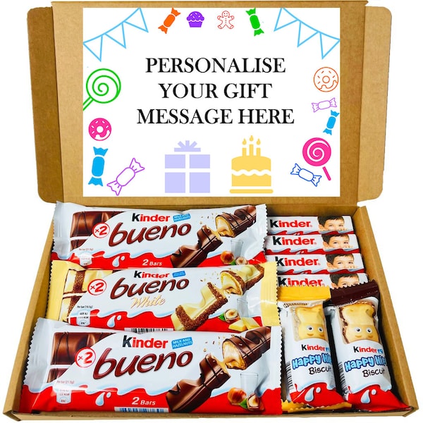 Caja de regalo Kinder Bueno - 9 x Cesta de chocolate Kinder Bueno con mensaje de regalo personalizado - Caja tipo buzón Kinder con hipopótamo y Kinder blanco