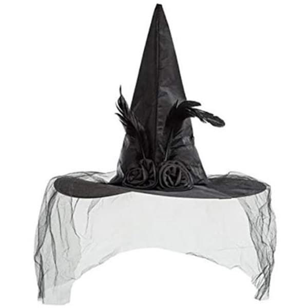 Deluxe Black Witch Hat with Attached Veil and Feathers - Halloween, Fancy Dress - Gothic Corpse Bride Outfit - Suitable for Teens & Adults