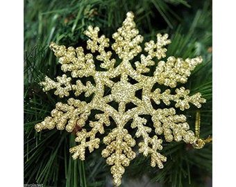 12 Pack of Gold Snowflake Christmas Tree Decorations, Festive Vintage Xmas Hanging Ornaments, Glitter Sparkly Baubles Home Xmas Party Decor