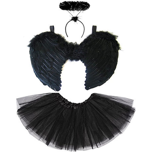 Fallen Angel Costume - Black Angel Wings, Black Fluffy Halo & Black Silk Skirt - Halloween Fancy Dress Costume Set - Choose Girls or Ladies