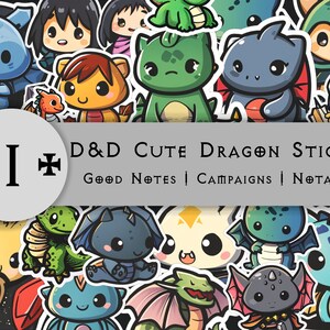 May include: 81 D&D Cute Dragon Stickers for Good Notes, Campaigns, and Notability. The stickers feature a variety of colourful dragons in different poses and expressions.