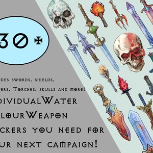 Op de afbeelding: Een set van meer dan 130 individuele waterverf wapenstickers. De stickers bevatten zwaarden, schilden, scepters, fakkels, schedels en meer. De stickers zijn perfect om een unieke touch toe te voegen aan je volgende campagne.