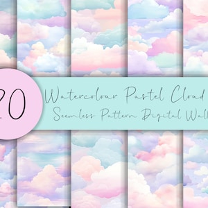 May include: 20 Watercolor Pastel Cloud Tiles Seamless Pattern Digital Wallpaper. A set of 20 digital seamless patterns featuring pastel clouds in a watercolor style.