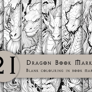 May include: A set of 21 blank dragon book marks. The book marks are black and white line drawings of dragons. The text "Dragon Book Marks" and "Blank Colouring In Book Marks" is printed on a banner below the images.