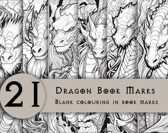 Puede incluir: Un conjunto de 21 marcapáginas de dragón en blanco. Los marcapáginas son dibujos de línea en blanco y negro de dragones. El texto "Dragon Book Marks" y "Blank Colouring In Book Marks" está impreso en una pancarta debajo de las imágenes.