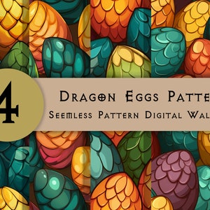 May include: Four seamless patterns of colorful dragon eggs with a scaly texture. The patterns are perfect for digital wallpaper or fabric.