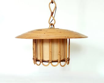 Carta, Vintage Mid-Century Reed Ceiling Lamp, Italy, 1970s