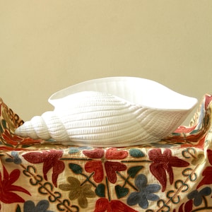 Peut inclure: Un grand bol décoratif blanc en forme de coquillage. Le bol repose sur un tissu brodé coloré avec des motifs floraux rouges, bleus et verts. L'arrière-plan est de couleur beige clair uni.