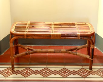 Panca, Vintage Bamboo and Wicker Bench, Italy, 1970s
