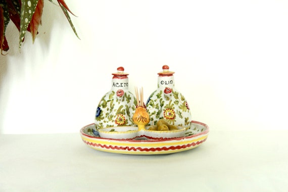 Olio E Aceto, Vintage Hand Crafted Oil and Vinegar Set From Deruta, Italy,  1970s 