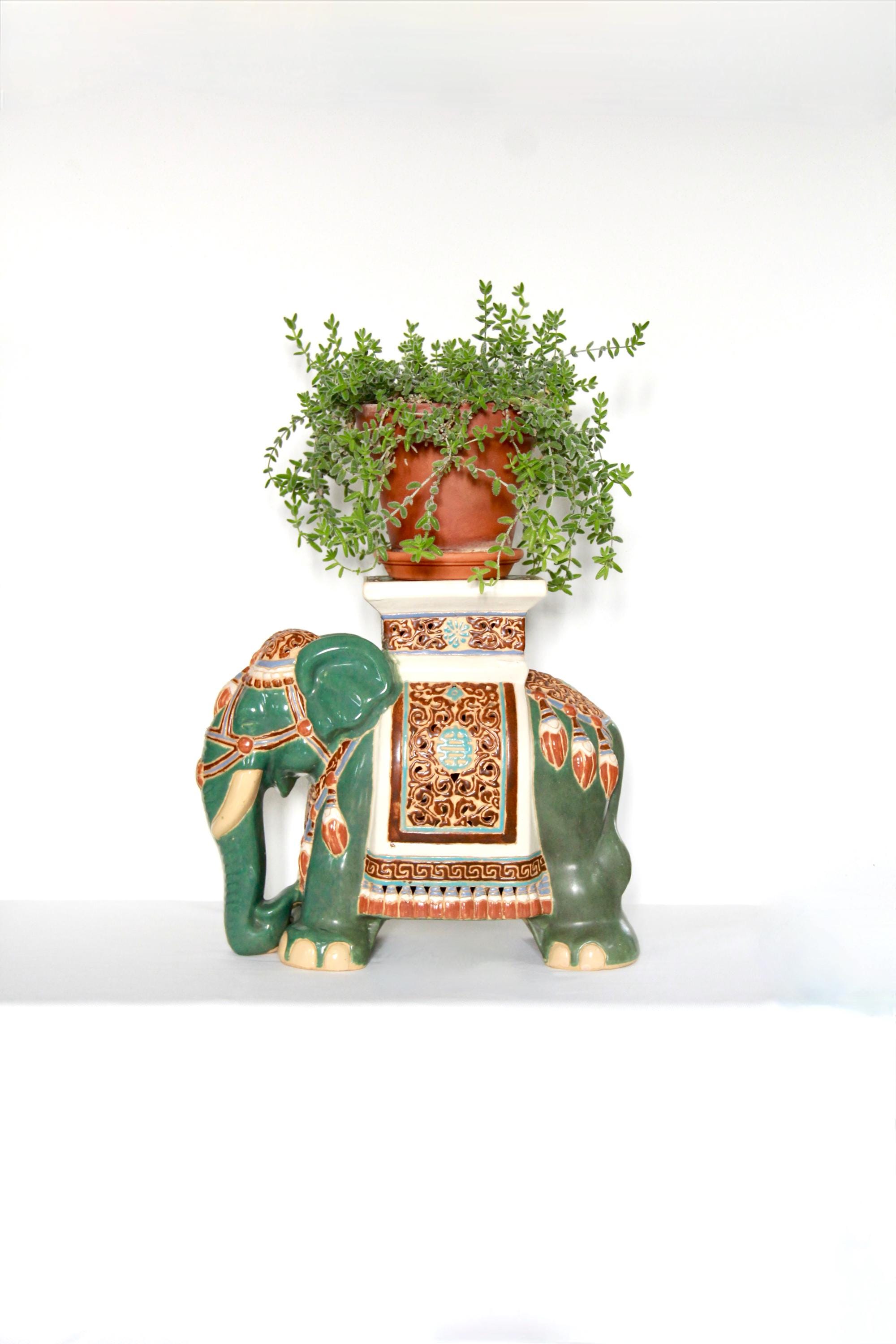 Support Porte-plante éléphant En Céramique Polychrome - Sculpture Décorative 24 Cm - Vintage